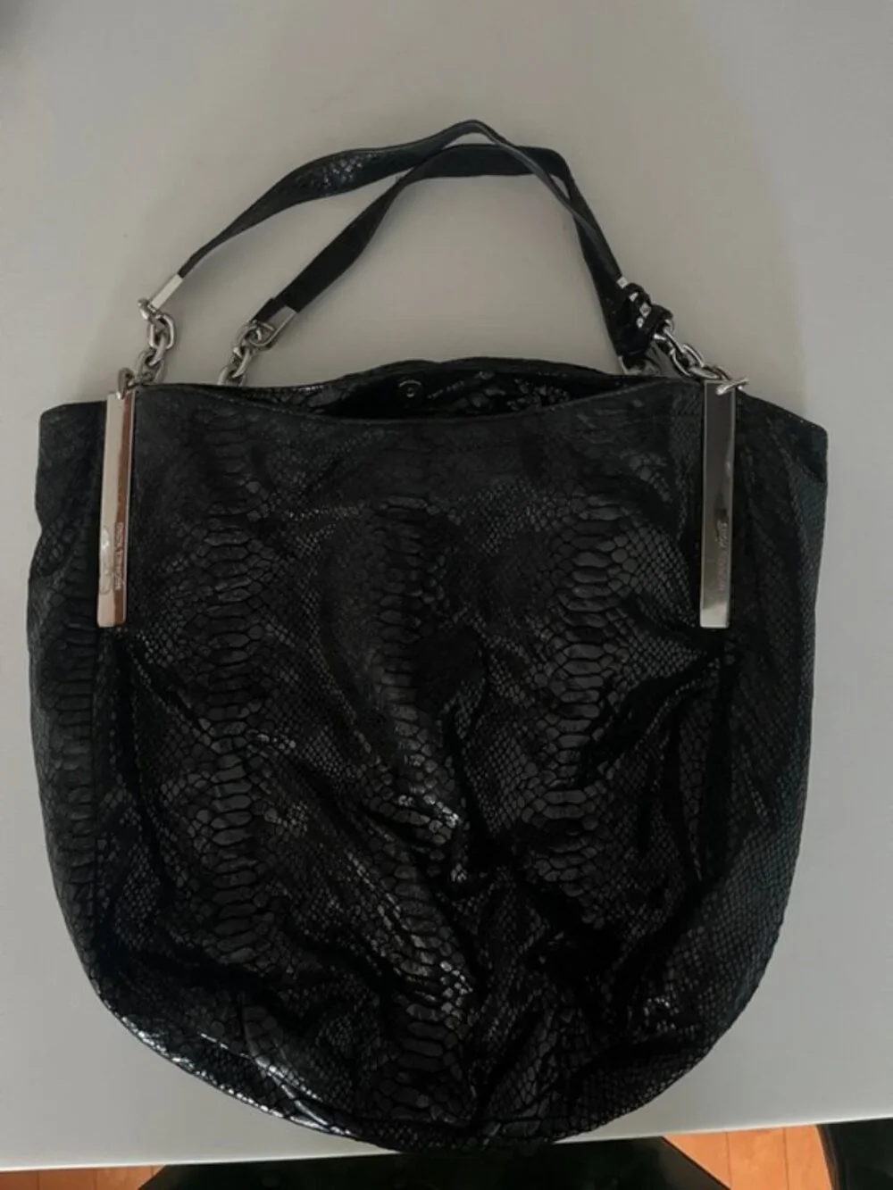 Michael Kors Black Embossed Snakeskin Hobo Shoulder Bag Silver Hardware